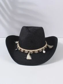 1pc Unisex Shell & Tassel Decor Boho Hat, For Beach - Black - View 2