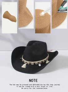 1pc Unisex Shell & Tassel Decor Boho Hat, For Beach - Black - View 4