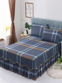 1入组格子圖案床裙現代面料荷葉邊裝飾床上用品床裙四季皆宜 - 彩色 - 查看 1