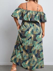 SHEIN VCAY Vestido con estampado tropical de hombros descubiertos ribete con fruncido de muslo con abertura - Multicolor - Ver 2