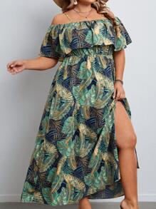 SHEIN VCAY Vestido con estampado tropical de hombros descubiertos ribete con fruncido de muslo con abertura - Multicolor - Ver 1