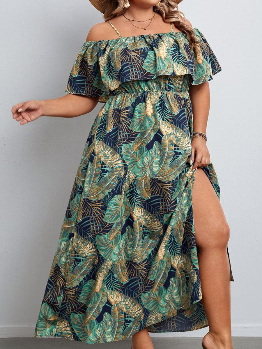SHEIN VCAY Vestido con estampado tropical de hombros descubiertos ribete con fruncido de muslo con abertura - Multicolor - Ver 1