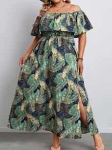 SHEIN VCAY Vestido con estampado tropical de hombros descubiertos ribete con fruncido de muslo con abertura - Multicolor - Ver 4