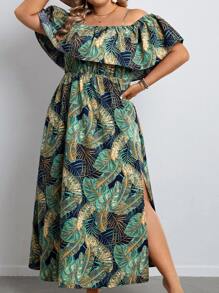 SHEIN VCAY Vestido con estampado tropical de hombros descubiertos ribete con fruncido de muslo con abertura - Multicolor - Ver 6