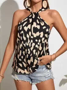 SHEIN VCAY Allover Print Sleeveless Halter Blouse - Black - View 3