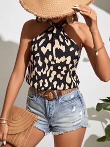 SHEIN VCAY Allover Print Sleeveless Halter Blouse - Black - View 4
