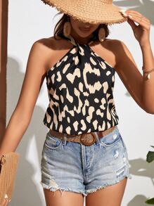 SHEIN VCAY Allover Print Sleeveless Halter Blouse - Black - View 5