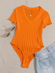 SHEIN EZwear Plus Lettuce Trim Ribbed Knit Bodysuit - Orange - View 1