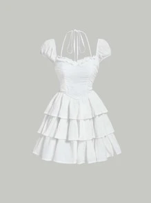 SHEIN MOD Solid Ruched Detail Layered Hem Dress - White - View 1