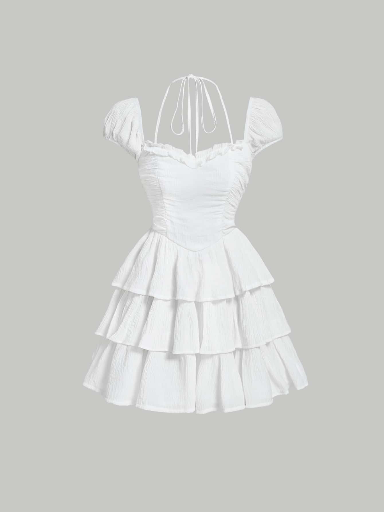 SHEIN MOD Solid Ruched Detail Layered Hem Dress - White - View 1