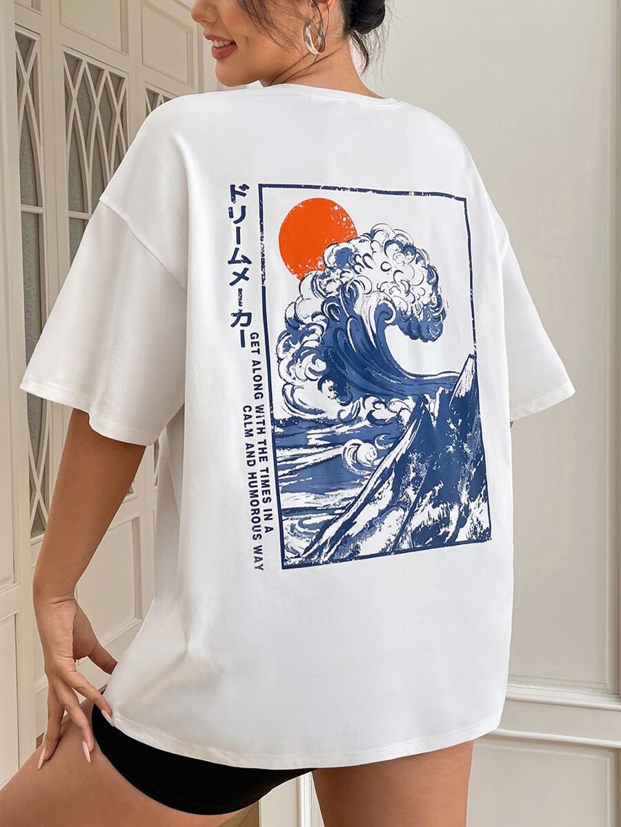 SHEIN EZwear Áo thun hở vai họa tiết sóng và khẩu hiệu Plus mùa hè, HÒA NHẬP VỚI THỜI ĐẠI MỘT CÁCH BÌNH TĨNH VÀ HÀI HƯỚC - trắng - Xem 1