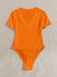 SHEIN EZwear Plus Lettuce Trim Ribbed Knit Bodysuit - Orange - View 2
