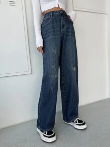 DAZY Ripped Detail Zipper Fly Jeans - Dark Wash - View 3