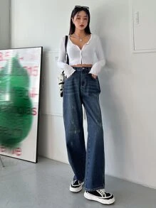 DAZY Ripped Detail Zipper Fly Jeans - Dark Wash - View 4