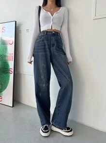 DAZY Ripped Detail Zipper Fly Jeans - Dark Wash - View 6