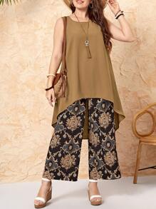 EMERY ROSE Parte superior de tirantes sólida y pantalones de pierna ancha con estampado floral para el verano, talla grande