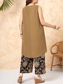 EMERY ROSE Parte superior de tirantes sólida y pantalones de pierna ancha con estampado floral para el verano, talla grande