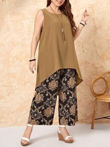 EMERY ROSE Parte superior de tirantes sólida y pantalones de pierna ancha con estampado floral para el verano, talla grande