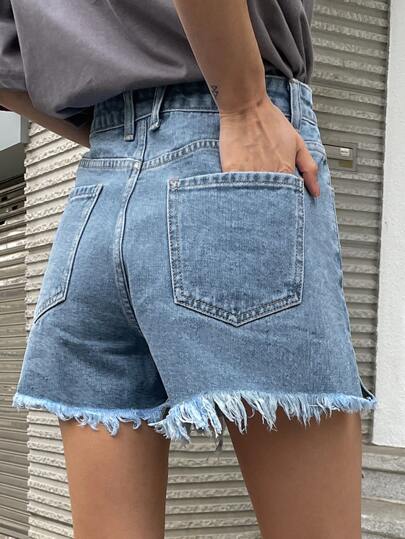 DAZY 寬鬆直筒牛仔短褲，母親短褲，生邊設計