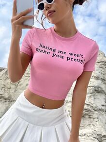 SHEIN EZwear Camiseta corta con gráfico de lema "Odiarme no te hará talla grande bonita" - Rosa - Ver 4