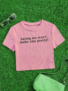 SHEIN EZwear Camiseta corta con gráfico de lema "Odiarme no te hará talla grande bonita" - Rosa - Ver 2