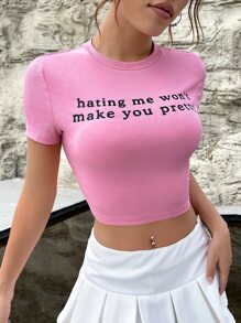 SHEIN EZwear Camiseta corta con gráfico de lema "Odiarme no te hará talla grande bonita" - Rosa - Ver 5
