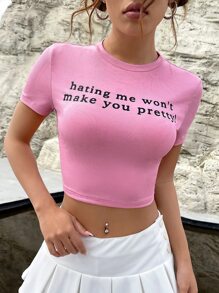 SHEIN EZwear Camiseta corta con gráfico de lema "Odiarme no te hará talla grande bonita" - Rosa - Ver 6