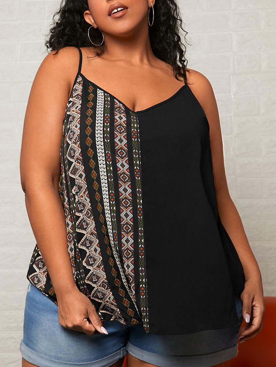 SHEIN CURVE+ 大碼幾何印花吊帶上衣 - 彩色 - 查看 1