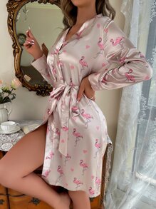 火烈鳥圖案腰帶緞面睡袍 - 杏色 - 查看 1