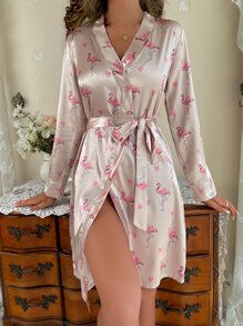 火烈鳥圖案腰帶緞面睡袍 - 杏色 - 查看 3