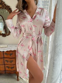 火烈鳥圖案腰帶緞面睡袍 - 杏色 - 查看 4