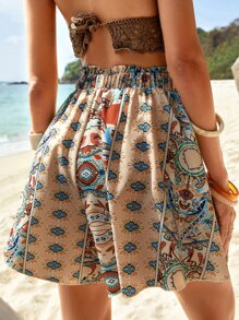 SHEIN VCAY Geo Print Paperbag Waist Wide Leg Shorts - Multicolor - View 2