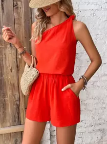 Breezaya Bộ đồ hai mảnh nữ Thắt nút màu trơn Giải trí - Đỏ - Xem 4