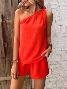 Breezaya Bộ đồ hai mảnh nữ Thắt nút màu trơn Giải trí - Đỏ - Xem 6