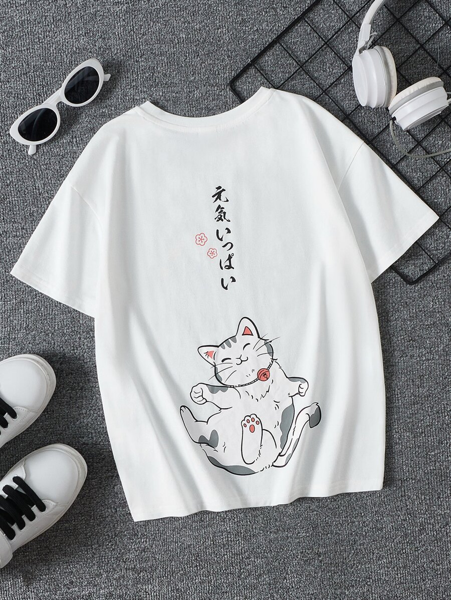 SHEIN 男孩日本字母和卡通圖案T恤