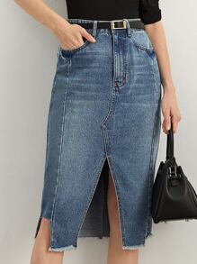 BizChic 斜口袋開叉毛邊牛仔半身裙不附腰帶 - 中等水洗藍 - 查看 1