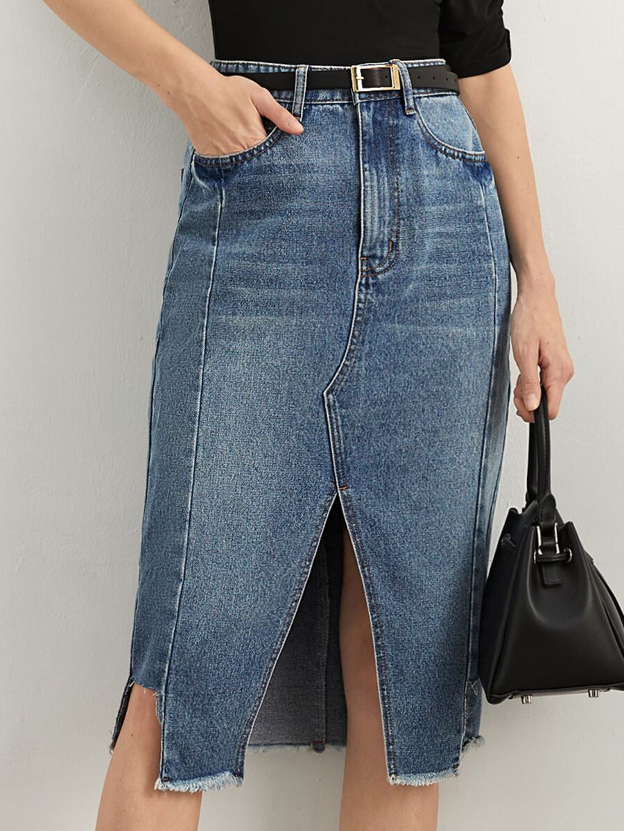 BizChic 斜口袋開叉毛邊牛仔半身裙不附腰帶 - 中等水洗藍 - 查看 1