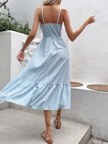 SHEIN VCAY Striped Print Guipure Lace Insert Ruffle Hem Cami Dress - Blue and White - View 2