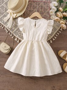 SHEIN 小女童拼接水溶蕾絲荷葉邊連衣裙 - 米色 - 查看 2