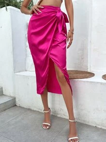 Chiquease Solid Knot Side Wrap Satin Skirt - Hot Pink - View 4