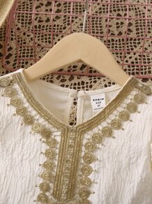 SHEIN 小女童拼接水溶蕾絲荷葉邊連衣裙 - 米色 - 查看 5