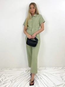 Mono camisero con botón delantero con cinturón - verde menta - Ver 3