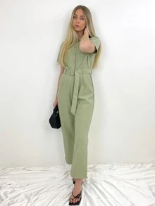 Mono camisero con botón delantero con cinturón - verde menta - Ver 4