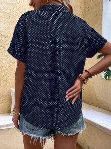 SHEIN LUNE 波点印花度假休闲风 - 现代休闲衬衫 - 藏蓝色 - 查看 3