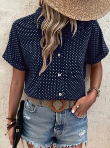 SHEIN LUNE 波点印花度假休闲风 - 现代休闲衬衫 - 藏蓝色 - 查看 5