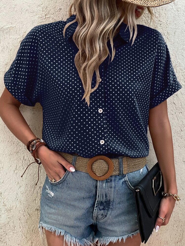 SHEIN LUNE 波点印花度假休闲风 - 现代休闲衬衫 - 藏蓝色 - 查看 5