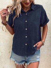 SHEIN LUNE 波点印花度假休闲风 - 现代休闲衬衫 - 藏蓝色 - 查看 7