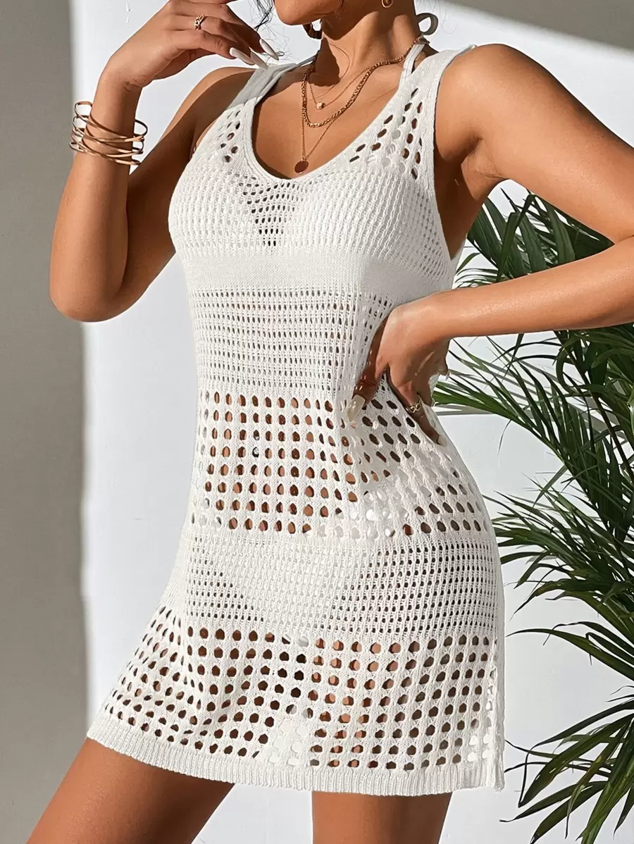 SHEIN Swim Chaleco de punto vacío de mujer de unicolor minimalista sin mangas para vacaciones - Blanco - Ver 1