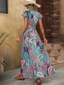 Breezaya Paisley Print Butterfly Sleeve Crop Top & Split Thigh Skirt - Multicolor - View 2