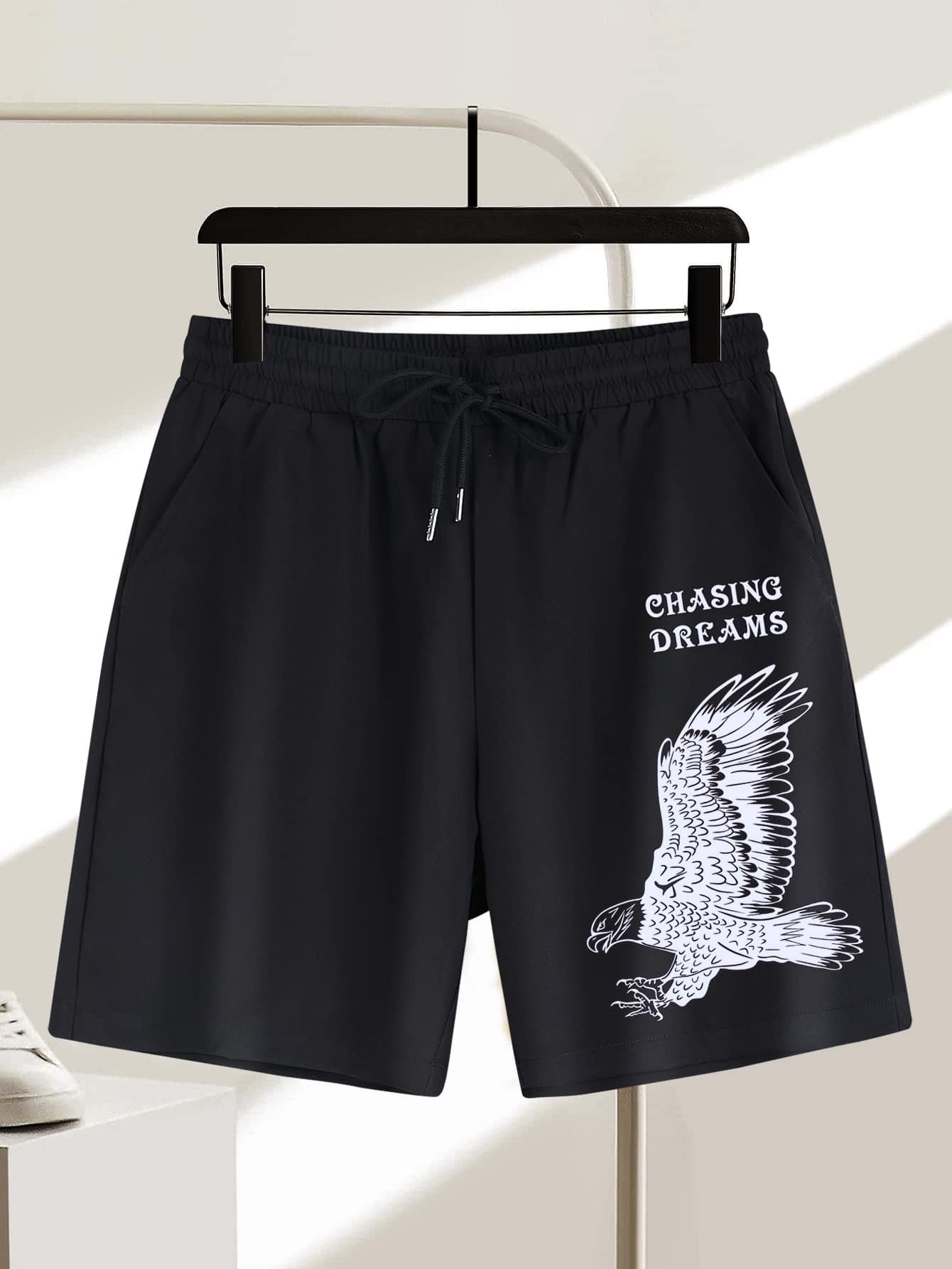 Manfinity Men Eagle & Letter Graphic Drawstring Waist Shorts - Black - View 1